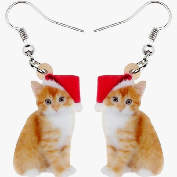 Yellow Tabby Marmalade Kitten Christmas Earrings Santa Hat Kittens Kitty Cat New - Picture 1 of 6